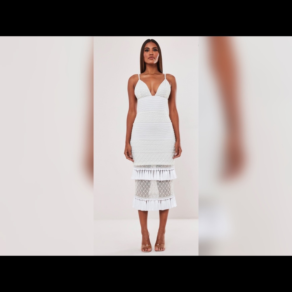 peace + love white sequin beaded tassel midi dress